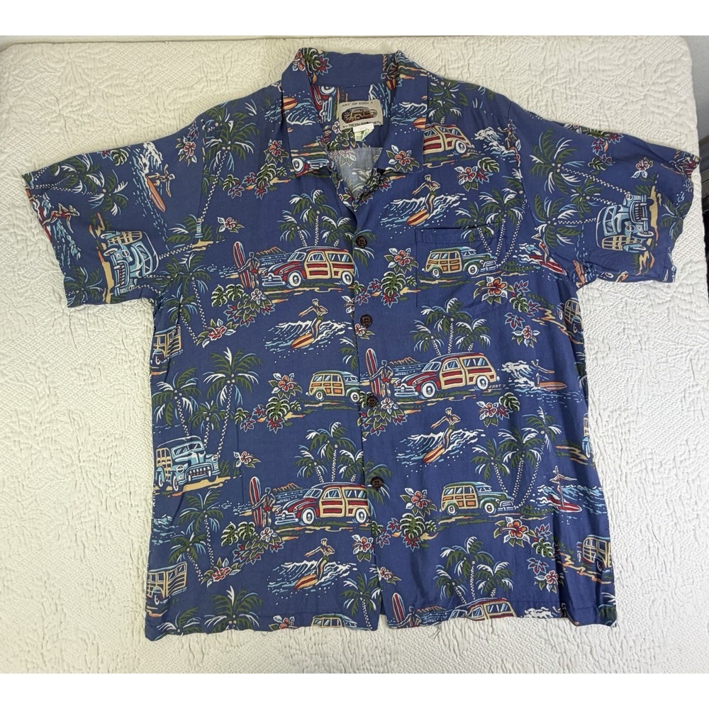 Vintage Reyn Spooner Shirt Mens XL Art Of Eddy Y Hawaiian Rayon Woody Car Surf